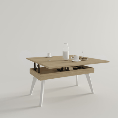 Mesa elevable RENATA convertible con patas metálicas y almacenaje interior, fabricada en España