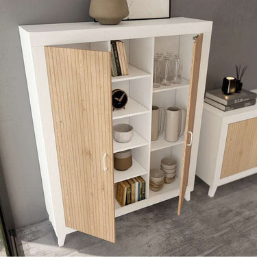 Composición de salón ASTI ambiente 4 con vitrina y mueble TV en madera reciclada de alta calidad.