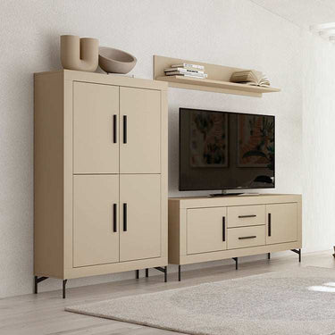 Composición de salón ASTI ambiente 3 con mueble TV y vitrina de cuatro puertas en madera reciclada