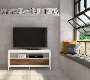 Composición Salón ASTI moderna con mueble TV y vitrina de madera sostenible en salón contemporáneo