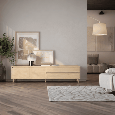 Mueble TV salón TIVOLI con 2 puertas y 2 cajones, diseño moderno y colores personalizables.