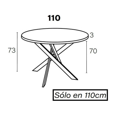 Mesa de comedor redonda fija con patas metálicas en X modelo DONATA, diseño elegante y funcional, fabricación en España.