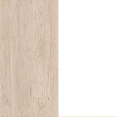 Dormitorio juvenil completo PERUSA en tonos blanco y natural con cama nido, mesita, cómoda y armario de dos puertas.