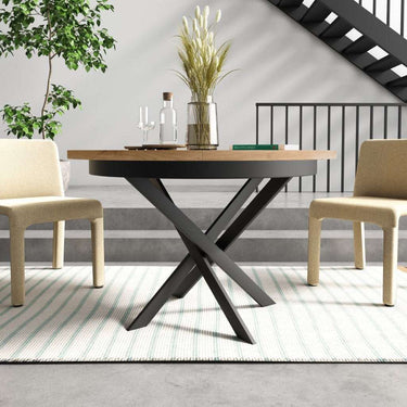 Mesa de comedor DONATA redonda extensible con patas metálicas en X, diseño moderno y sistema semi-automático