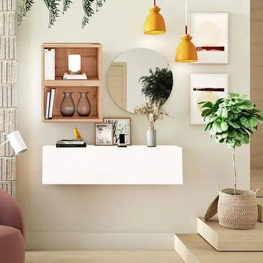 Mueble recibidor FLORENCIA mod. 7 con espejo redondo y cubos abiertos y cerrados para entrada organizada y decorativa