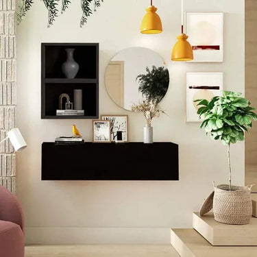 Mueble recibidor minimalista FLORENCIA mod. 7 en madera con espejo redondo y cubos de almacenamiento