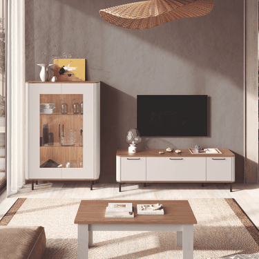 Mueble salón NAPOLI con vitrina baja y mueble TV en ambiente moderno y funcional