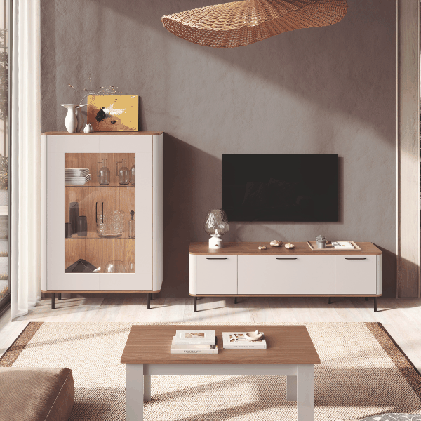 Mueble salón NAPOLI con vitrina baja y mueble TV en ambiente moderno y funcional