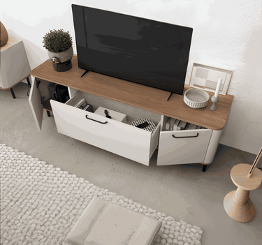 Mueble TV Napoli diseño contemporáneo con cantos redondeados y almacenamiento funcional