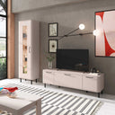 Mueble salón con vitrina NAPOLI estilo moderno en nogal y arena con bajo de TV y vitrina alta