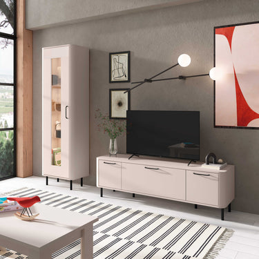Mueble salón con vitrina NAPOLI estilo moderno en nogal y arena con bajo de TV y vitrina alta