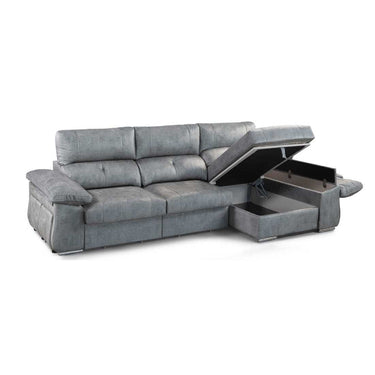 Chaisselonge extensible ARPUC tapizada en MAGNOL con arcón abatible y taburetes integrados, diseño moderno y funcionalidad máxima.
