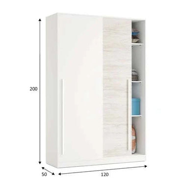 Dormitorio juvenil moderno con cama compacta, armario corredero y estante de pared en colores luminosos.