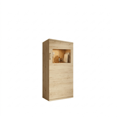 Vitrina salón comedor BOLONIA baja de diseño moderno en colores ARTISÁN, ROBLE NATURAL o POLAR con 1 puerta y 2 baldas interiores, fabricada en España.