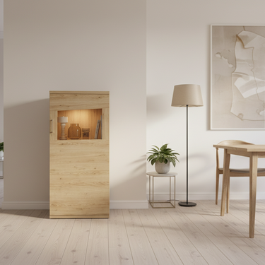 Vitrina salón comedor BOLONIA baja de diseño moderno en colores ARTISÁN, ROBLE NATURAL o POLAR con 1 puerta y 2 baldas interiores, fabricada en España.