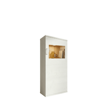 Vitrina salón BOLONIA baja de diseño moderno en colores ARTISÁN, ROBLE NATURAL y POLAR, con 1 puerta y 2 baldas interiores para almacenamiento funcional y elegante.
