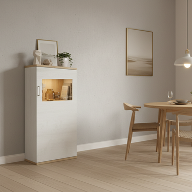 Vitrina salón comedor BOLONIA baja en colores ARTISÁN, ROBLE NATURAL y POLAR con 1 puerta y 2 baldas interiores, diseño moderno y alta calidad fabricada en España