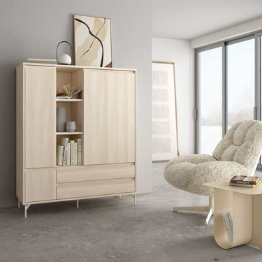 Mueble auxiliar salón TIVOLI vitrina baja con puertas de cristal y cajones, diseño moderno y funcional