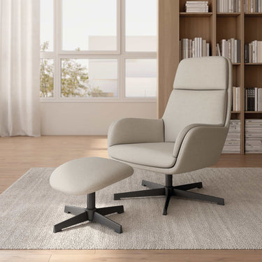 Butaca giratoria BELINA con Ottoman tapizada en tejido suave y base metálica negra con giro 360° en colores gris, perla, terracota y verde