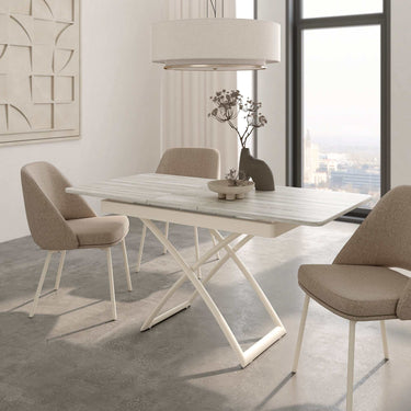 Mesa centro elevable modelo CINZIA transformable en mesa de comedor extensible con patas metálicas en X y acabado en varios colores.