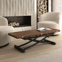 Mesa centro elevable CINNIA convertible en mesa comedor con patas metálicas en X y acabado en varios colores.