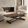 Mesa centro elevable CINNIA convertible en mesa comedor con patas metálicas en X y acabado en varios colores.