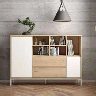Aparador 150 LECCE de diseño moderno con 2 puertas, 2 cajones y 5 huecos abiertos, fabricado en España con materiales sostenibles.
