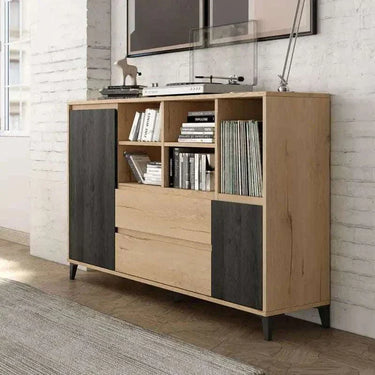 Aparador 150 LECCE moderno con 2 puertas, 2 cajones y 5 huecos abiertos de madera sostenible y diseño funcional