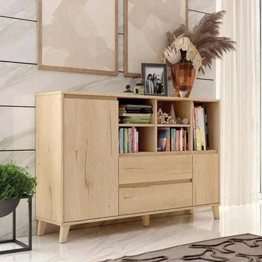 Aparador 150 LECCE en madera sostenible con 2 puertas, 2 cajones y 5 huecos abiertos para almacenamiento multifuncional
