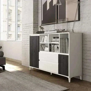 Aparador 150 LECCE de diseño moderno con 2 puertas, 2 cajones y 5 huecos abierto, fabricado en España con materiales sostenibles.
