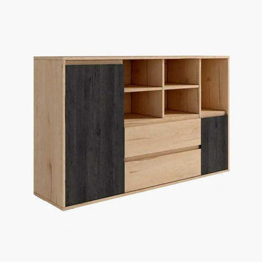 Aparador 150 LECCE de diseño moderno con 2 puertas, 2 cajones y 5 huecos abiertos, fabricado en España con materiales sostenibles y duraderos.