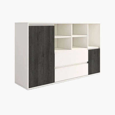 Aparador 150 LECCE de diseño moderno con 2 puertas, 2 cajones y 5 huecos, madera reciclada y patas ajustables.