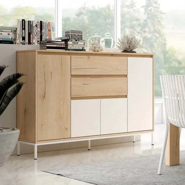 Aparador de diseño contemporáneo con cuatro puertas y dos cajones, color madera natural, colección Lecce.
