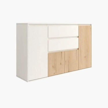 Aparador de diseño contemporáneo con cuatro puertas y dos cajones, gran capacidad de almacenaje, madera sostenible, fabricado en España.