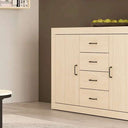 Aparador moderno de 2 puertas y 4 cajones ASTI en melamina resistente con diseño elegante y funcional.