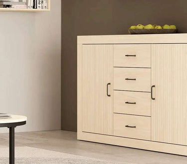 Aparador moderno de 2 puertas y 4 cajones ASTI en melamina resistente con diseño elegante y funcional.