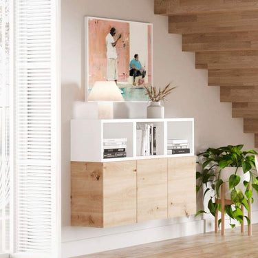 Aparador FLORENCIA 2 moderno para salón comedor con acabado en maderas Artisan, Ébano y Blanco.