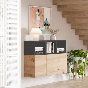 Aparador FLORENCIA 2 elegante para salón comedor con acabado Artisan, Ébano y Blanco, fabricado en España.