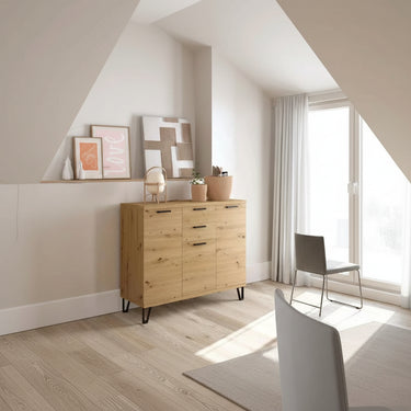 Aparador salon BOLONIA 180 cm con tres puertas y dos cajones en acabado roble natural