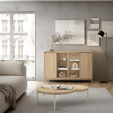 Aparador salón 2 puertas opacas y 2 de cristal modelo TIVOLI de diseño contemporáneo y almacenamiento funcional.