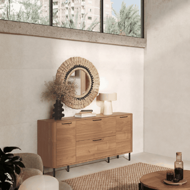 Aparador salón NAPOLI moderno con cantos redondeados y almacenamiento funcional en madera en tonos nogal y arena