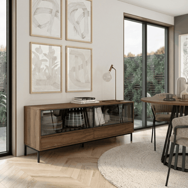 Aparador salón moderno con puertas abatibles de cristal y dos cajones, diseño minimalista y estructura personalizable