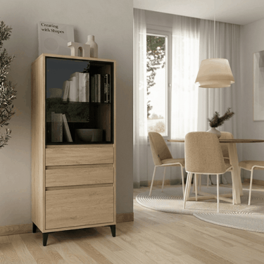 Vitrina baja de cristal TIVOLI de 60 cm con puerta Parsol y almacenamiento cerrado para salón moderno