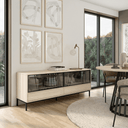 Aparador salón moderno con puertas de cristal y cajones, diseño elegante y minimalista.