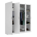 Armario 4 puertas blanco de melamina con cuatro compartimentos, estantes y barra para colgar ropa, diseño moderno.