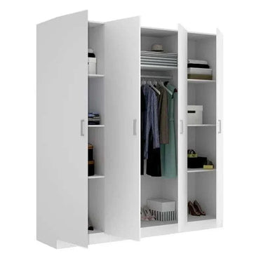 Armario 4 puertas blanco de melamina con cuatro compartimentos, estantes y barra para colgar ropa, diseño moderno.