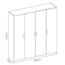 Armario 4 puertas blanco de tablero melamínico con herrajes metálicos y diseño minimalista, mide 215x200x52 cm.