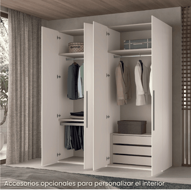 Armario 4 puertas blanco de diseño liso, con puertas batientes abiertas, estantes, barras y cajones interiores.