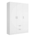 Armario con cajones blanco de 3 puertas y 2 cajones, material melamínico resistente con herrajes metálicos y diseño moderno.