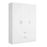 Armario con cajones blanco de 3 puertas y 2 cajones, material melamínico resistente con herrajes metálicos y diseño moderno.